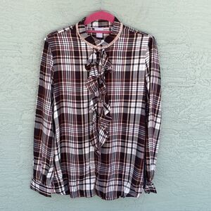 Chico’s Blouse Womens Sz (8/10) M Ruffled Collar Plaid Checkered button down